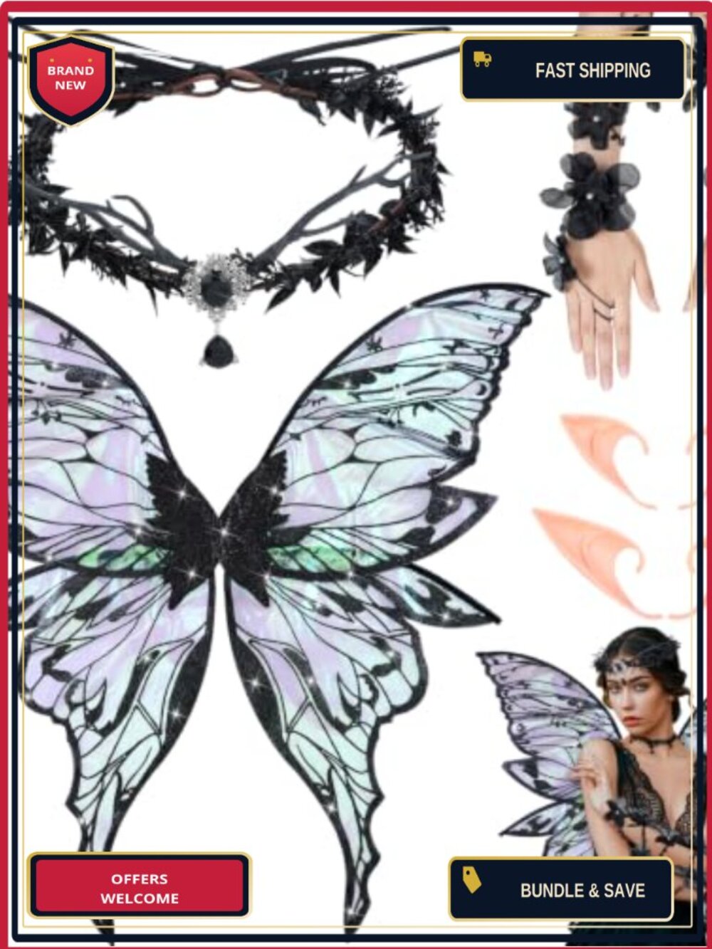 4 Pc Black Fairy Wing Costume Set Adult Women Halloween Renaissance Cosplay
